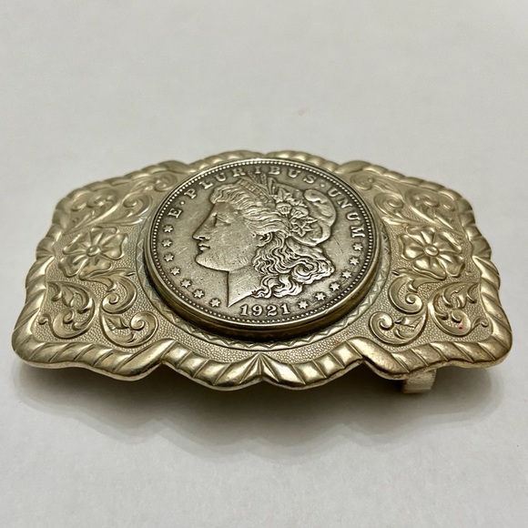 Antique 1921 Silver Morgan Dollar Coin Buckle 3.25in x 2.25in - Picture 2 of 10